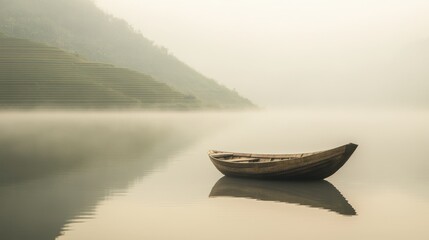 Fototapeta premium Traditional boat floating near rice terraces in early morning mist with clear reflections