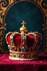 Fototapeta premium Elegant crown sits atop ornate background with golden swirls and velvet texture, architecture, crown, decorative
