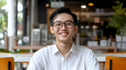 Fototapeta premium Portrait Of A Smiling Young Asian Man Wearing Glasses And A White Shirt Sitting At A Table With A Blurred Cafe Background