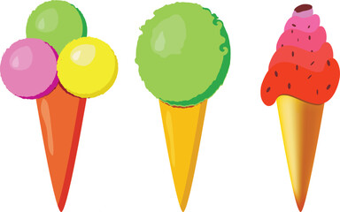 ice cream set three pieces on white background in waffle cups