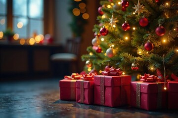 Vibrant gift display around a beautifully decorated Christmas tree with twinkling lights and festive decorations, Festive Gift Arrangement, Ornamented Gifts, Bows