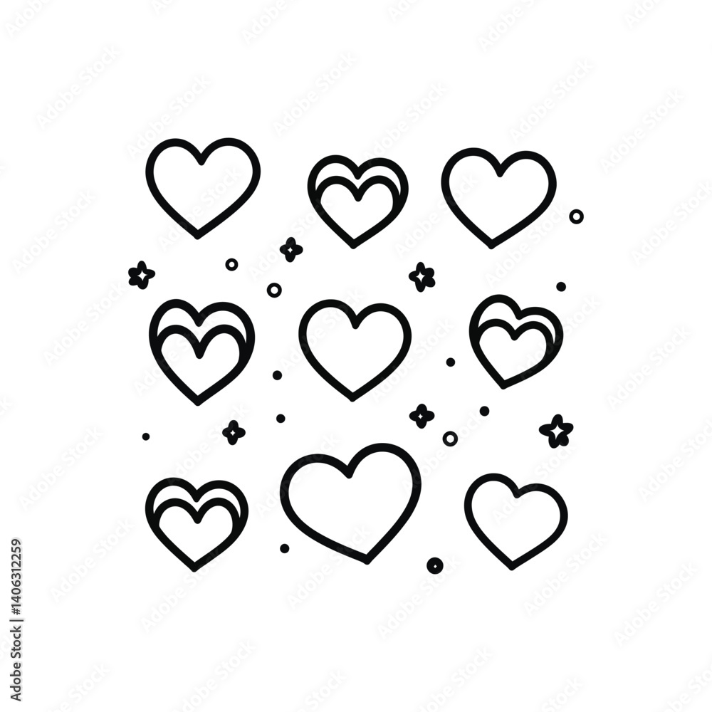 Poster black hearts line art pattern with star and circle elements on transparent background