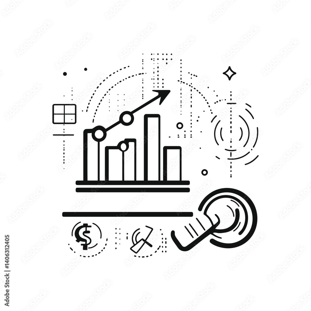 Poster black line art showing market analysis with graph on transparent background
