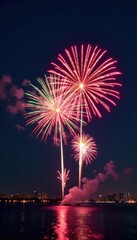 New Year fireworks exploding in the night sky, Bright Lights, Party Atmosphere