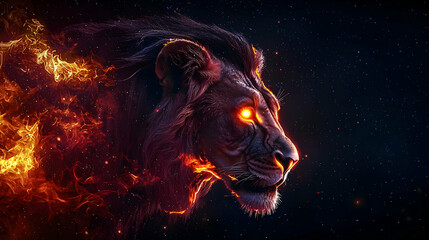 Naklejka premium Majestic Lion with Fiery Mane Against a Cosmic Background of Stars