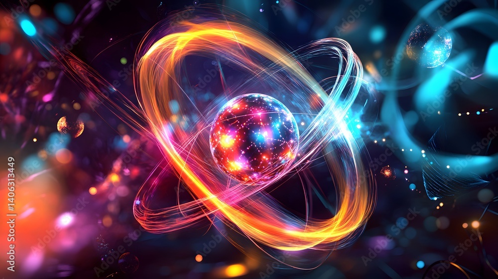 Poster abstract representation of an atom with orbiting electrons