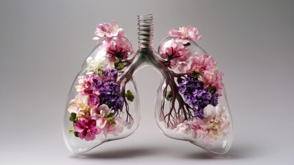 Glass Lungs with Blooming Pink and Purple Flowers Symbol of Life and Nature