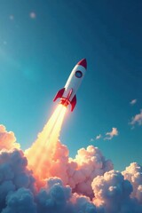 Rocket ship soaring through the sky with a growth chart in blue background , blue, growth, success