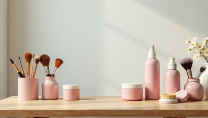 Minimalist makeup station with skincare and hair care products on a clean wooden table, desk, decor