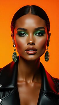 Stunning portrait of a model with striking green makeup and earrings against a vibrant orange backdrop