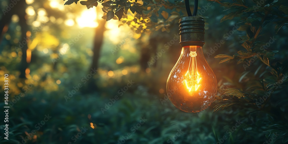 Poster a warm, glowing lightbulb hangs from a tree branch in a sun-dappled forest creating a peaceful and m