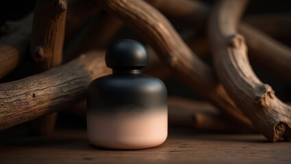 Classic photo of a luxury perfume bottle with a sleek, matte gradient finish placed elegantly against rugged, textured wooden branches 