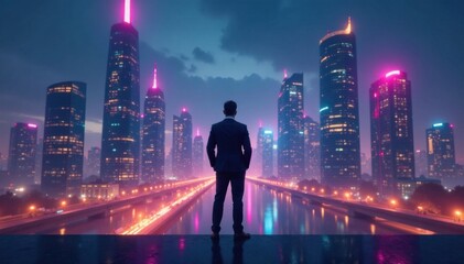 Businessman standing in front of a futuristic cityscape with towering skyscrapers and neon lights, architecture, advancement , network