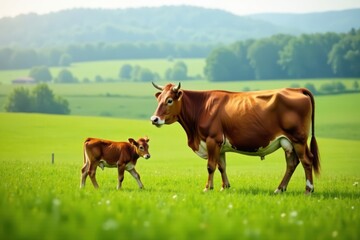 Fototapeta premium Mother cow and her calf in a green meadow landscape, animals, mother and child