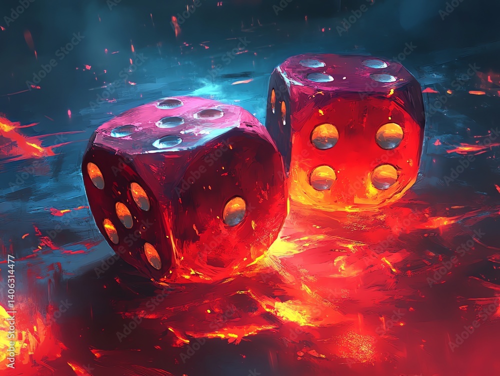 Poster two glowing red dice roll across a fiery surface creating a dramatic and intense scene perfect for f