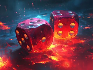 Two glowing red dice roll across a fiery surface creating a dramatic and intense scene Perfect for fantasy game design or backgrounds