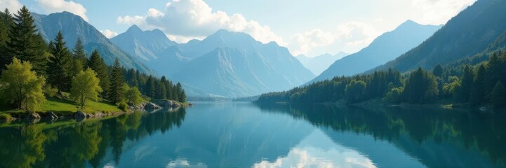 Overlapping forest scene with mountain ranges and lake reflections, texture, nature
