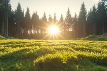 Golden sunset through a lush forest
