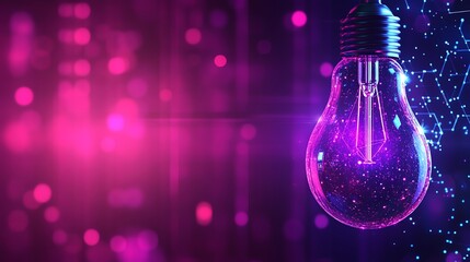 A vibrant purple and pink light bulb glows with inner sparkles against a bokeh background, suggesting innovation and technology. Perfect for tech or innovation projects.