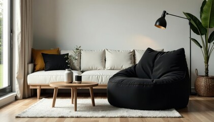 Oversized black pouf chair placed beside natural wood coffee table in cozy living space, natural wood, decorative accent