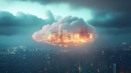 City Floating in Cloud at Night