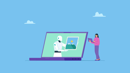 A woman gives commands to AI to create visual artworks, images, using a laptop. Artificial intelligence prompt to make an artwork concept. Art, technology and AI collaboration.