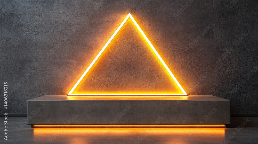 Poster a triangle made of neon lights is lit up against a dark background. the triangle is positioned on a 