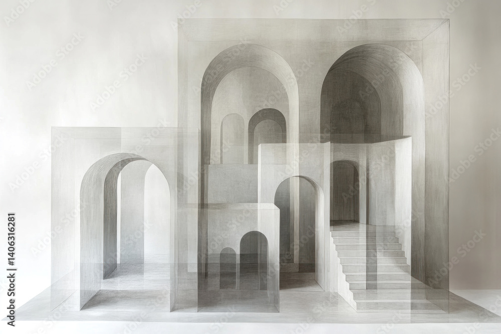 Poster a drawing of a building with arched windows and a staircase. the drawing is in black and white and h