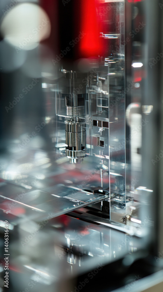 Poster a close up of a machine with a red light on it. the machine is made of clear plastic and has a silve