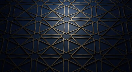 Elegant Geometric Pattern Design: Intricate Gold Lines on Deep Blue Background.  Islamic Art Inspired Texture, Abstract Wallpaper