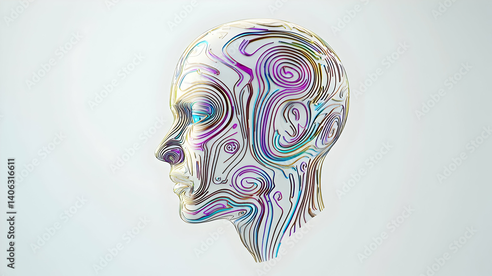 Poster abstract human head profile with iridescent metallic colors and intricate geometric pattern on a lig