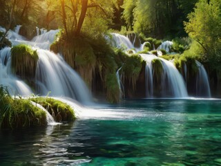 Obraz premium Waterfall landscape of Plitvice Lakes Croatia.