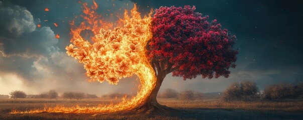 Surreal tree, half on fire half blooming flowers, dual elemental energy, Watercolor style