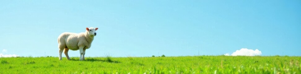 Obraz premium Sheep standing alone in a green pasture under clear blue sky , field, sheep