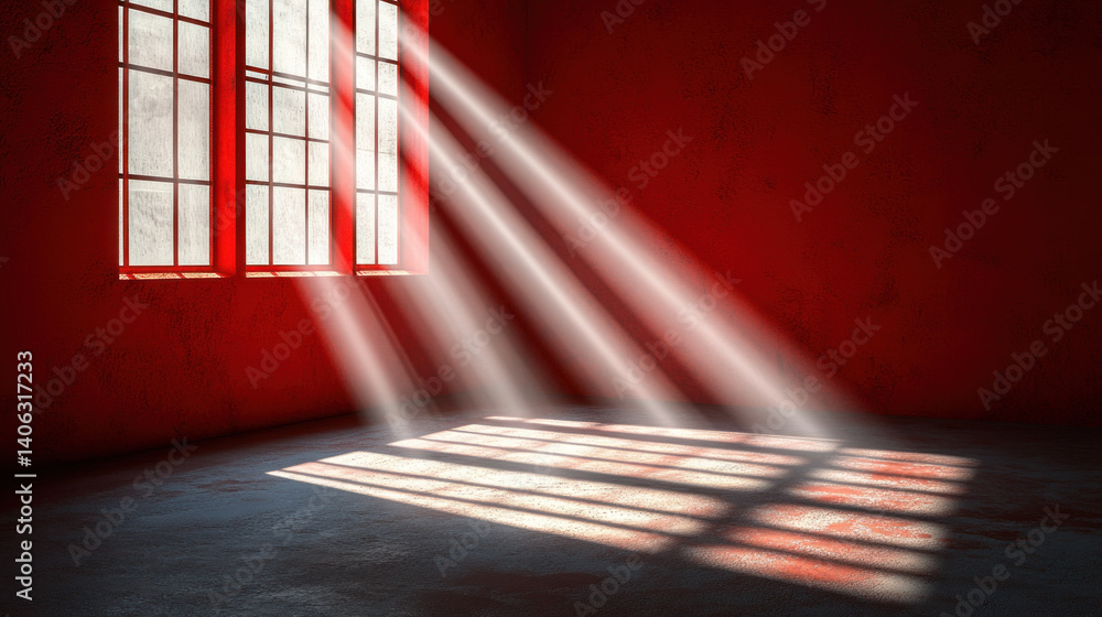Poster a room with a window that is letting in sunlight. the room is empty and the light is shining on the 