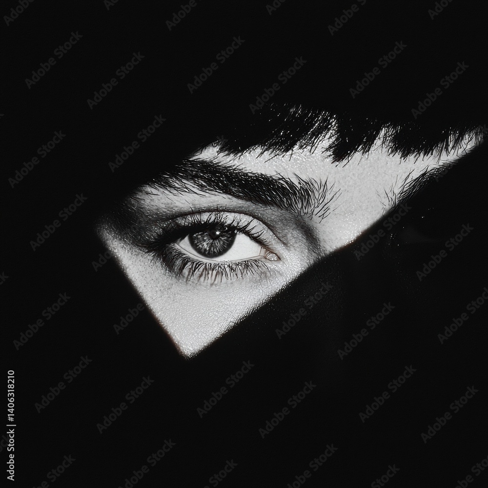Poster a close-up of a person's eye partially obscured by shadow, creating a dramatic and mysterious effect