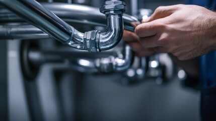 Naklejka premium Plumber installing pipes for water distribution system. Featuring plumbing expertise
