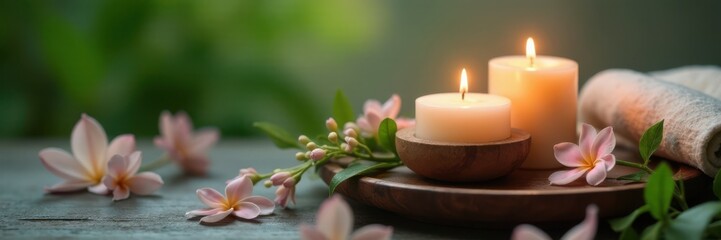 Softly glowing candles sit atop a serene face mask station amidst lush greenery and calming florals, gentle glow, calming ambiance