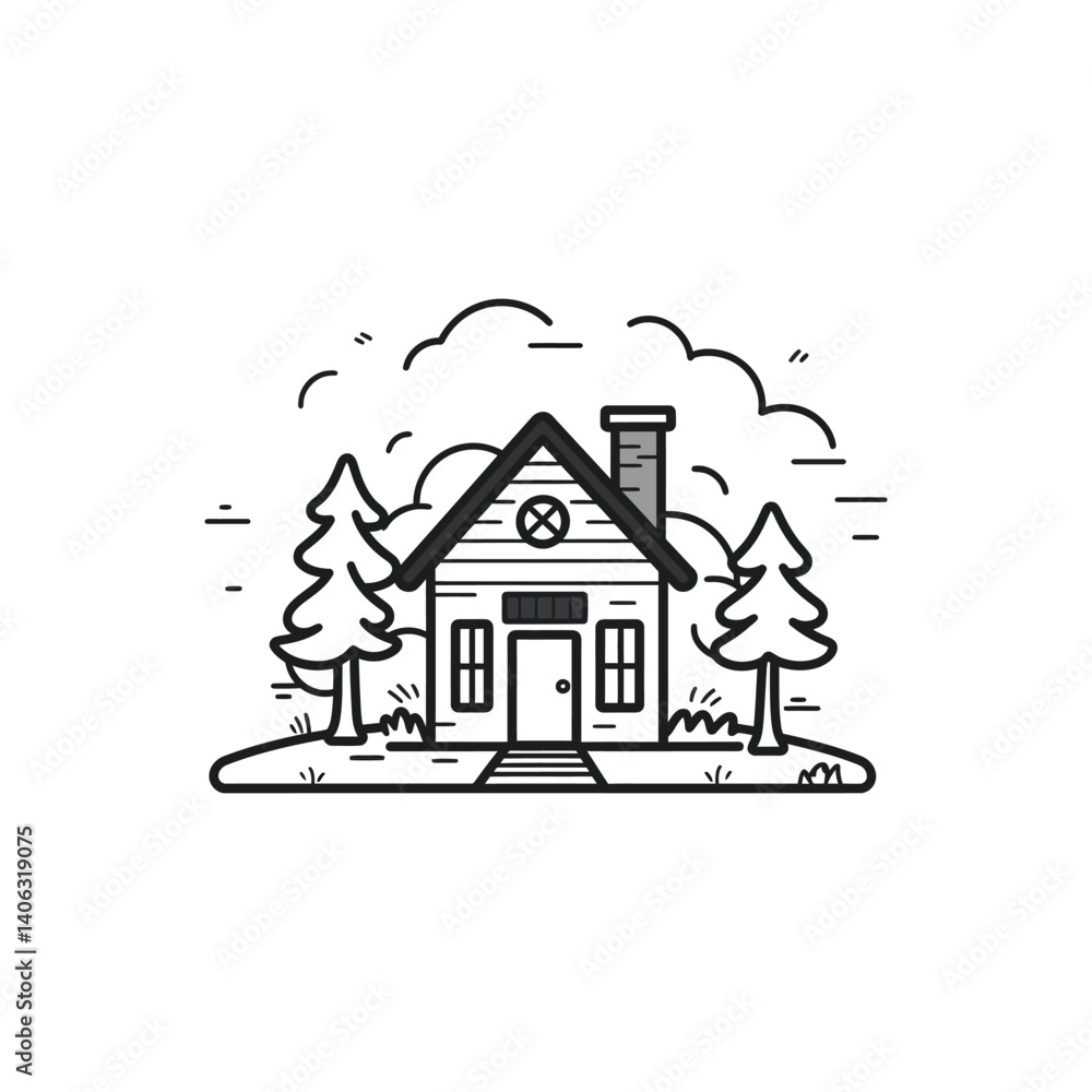 Poster Outline House with Pine Trees on Land Under Clouds on Transparent Background