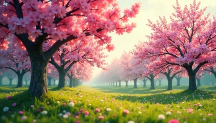 Naklejka premium Gentle breeze rustling through blooming trees, forest floor, peaceful haven, forest tranquility