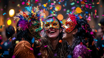 Three Women Wearing Colorful Masks Laughing Surrounded By Confetti During A Night Celebration