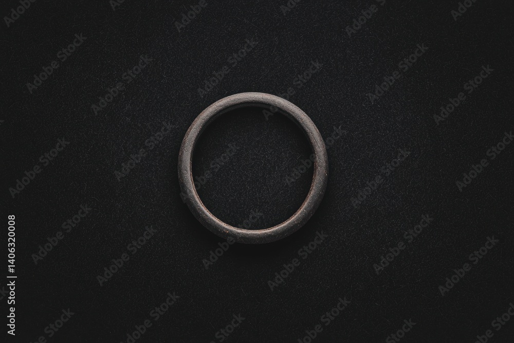 Poster a simple, circular metallic ring resting on a dark surface, emphasizing its smooth texture and minim