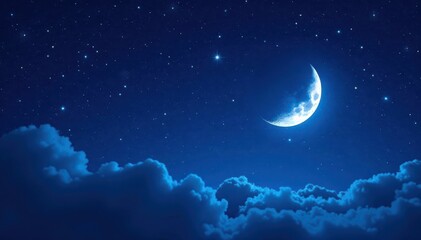 Sparkling starry night sky with a crescent moon on a dark blue background, stars, celestial body