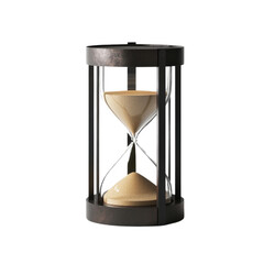 A simple, modern hourglass with a metal frame, filled with sand,Transparent background, PNG file, showing its clean, sleek design.