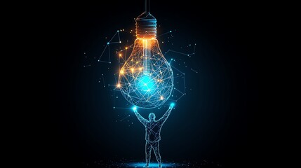 A man lifts a glowing, geometric lightbulb symbolizing a bright idea or network connection Great for technology or innovation projects