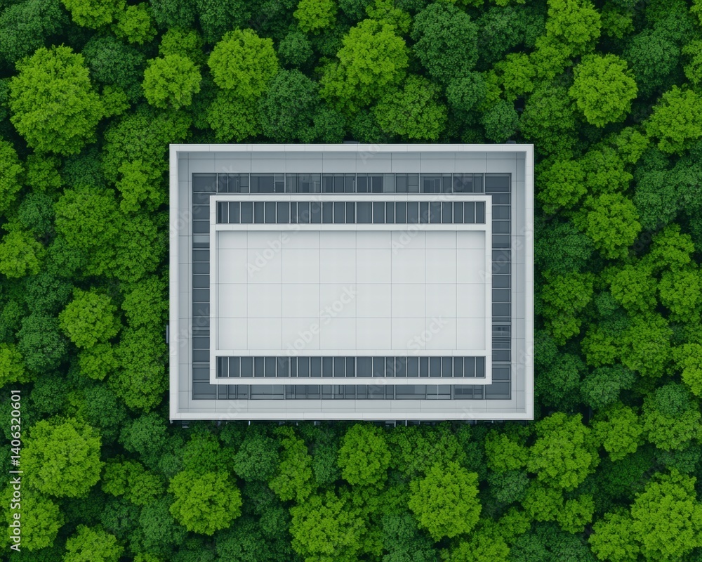 Poster a modern building surrounded by lush greenery, showcasing a harmonious blend of architecture and nat
