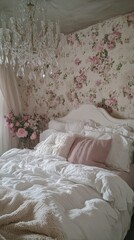 A charming bedroom with a floral wallpaper and a white bed.