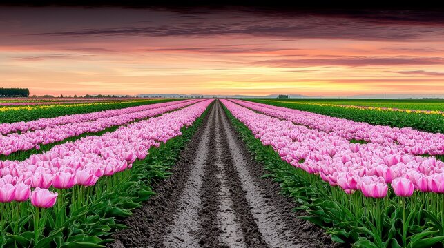 Pink Tulip Field at Sunset Serene Landscape