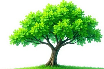 Tree with large green leaves against white background, branches, trunk