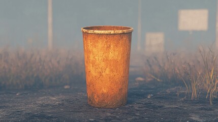 A weathered, rusty trash can stands alone in a foggy landscape, surrounded by sparse grass and a muted background.